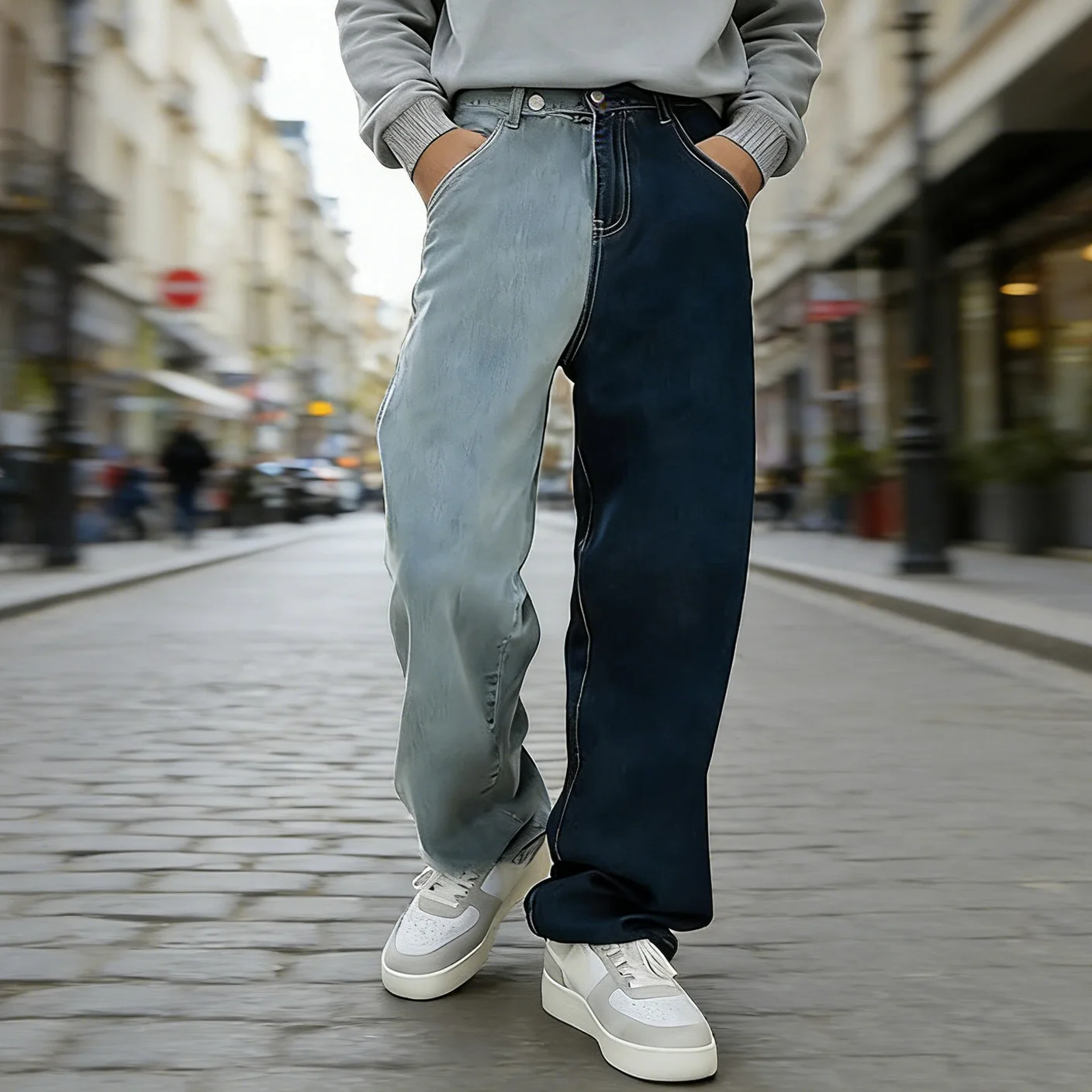 New Men's Denim Two-Tone Straight-Fit Leg Pants Fashion Casual Expandable-Waist Versatile Handsome Long Trousers
