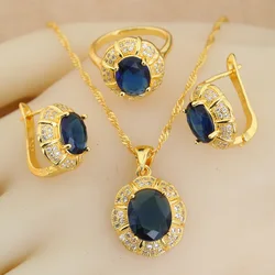 Classic 18K Gold Plated Bridal Jewelry Sets for Women Blue Crystal Club Earrings Necklace Pendant Ring Wedding Gift