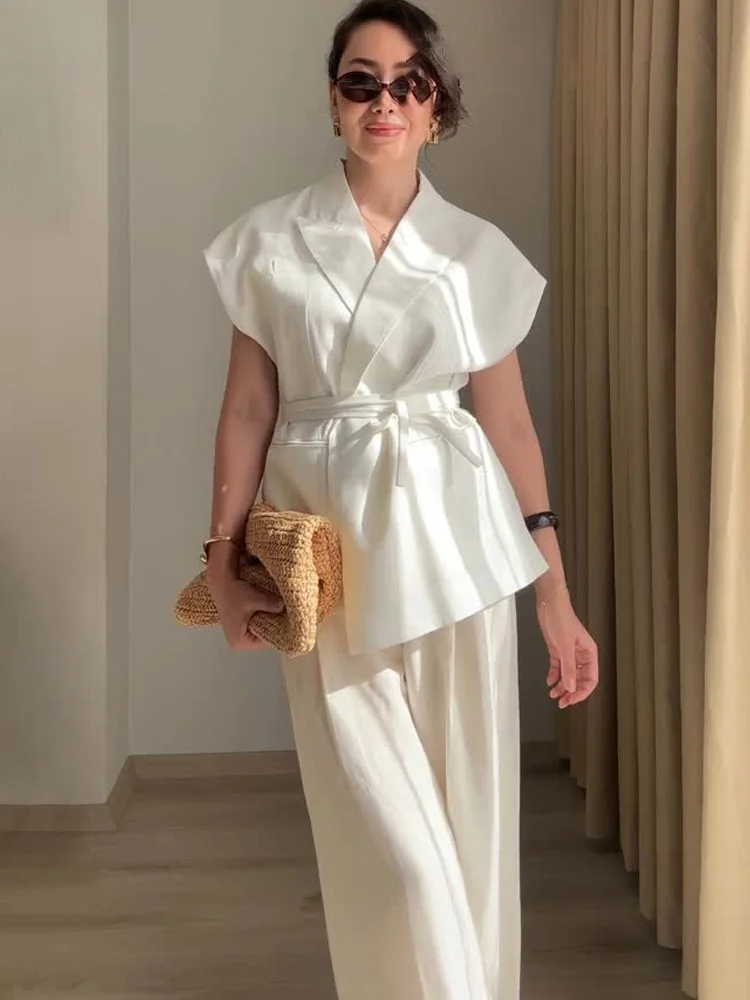 

HH Women Elegant Solid Pants Suit Lapel Double Belt Design Sleeveless Vest+Pockets Zipper Button Straight Pleated Long Pant