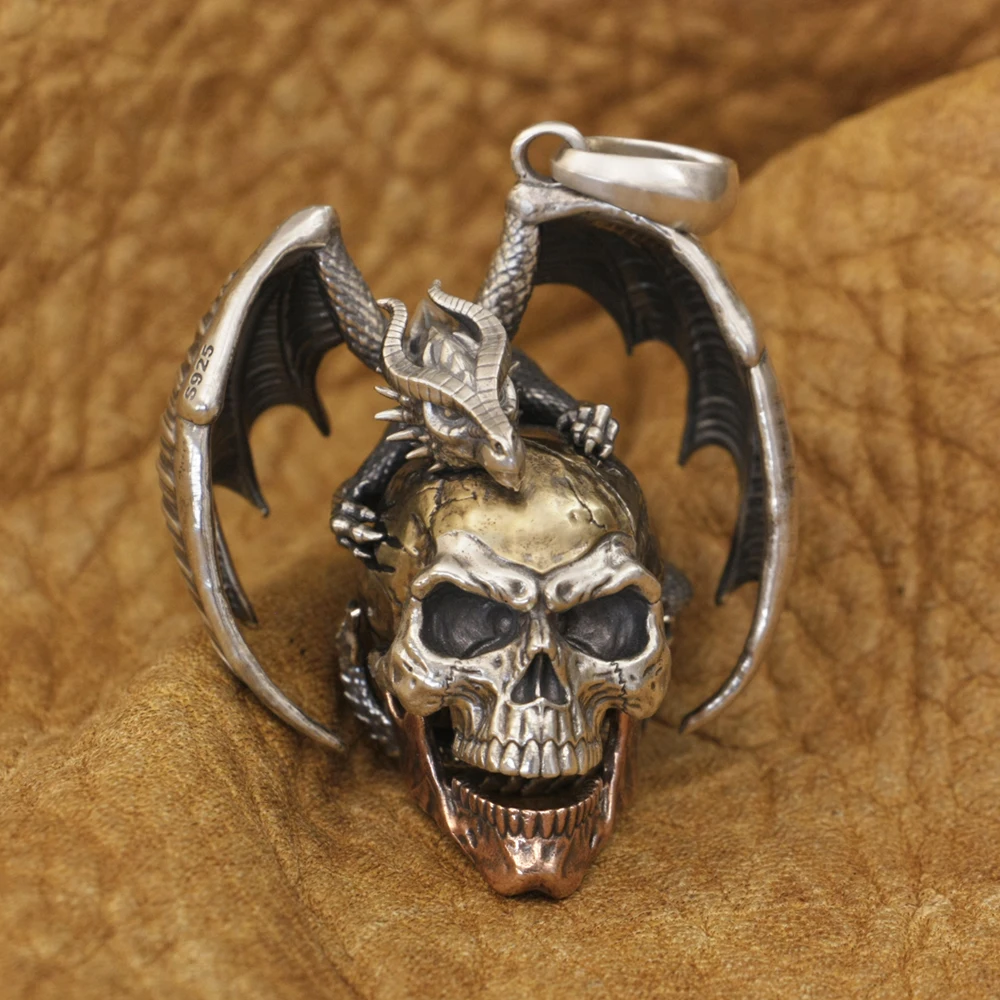 

LINSION 925 Sterling Silver Flying Dragon Punk Skull Mens Biker Pendant TA380