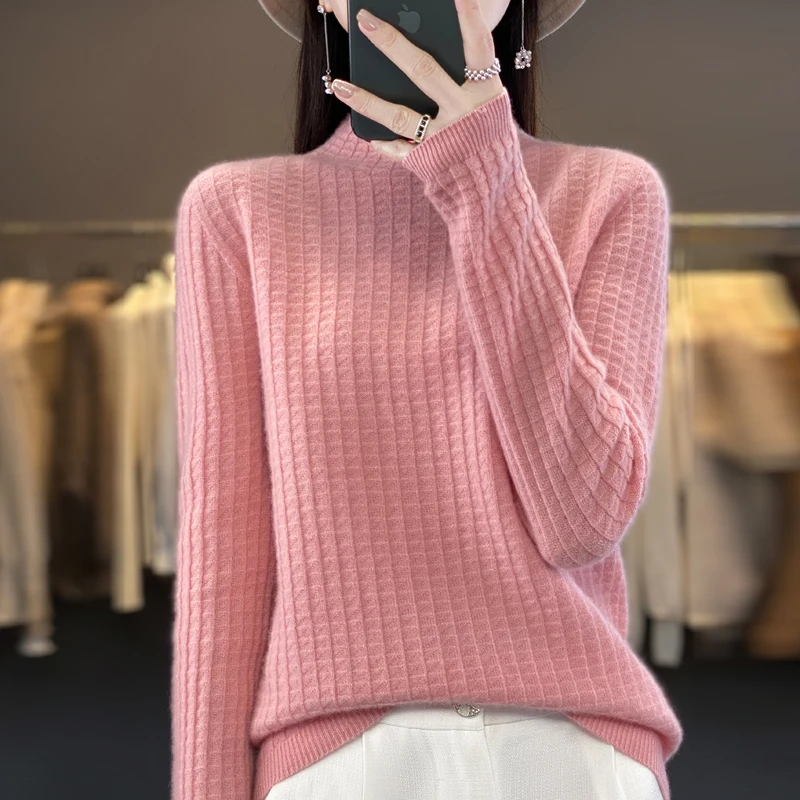 Women's sweater cashmere knitting 100% pure merino wool sweater autumn and winter new long sleeve semi-turtle neck.