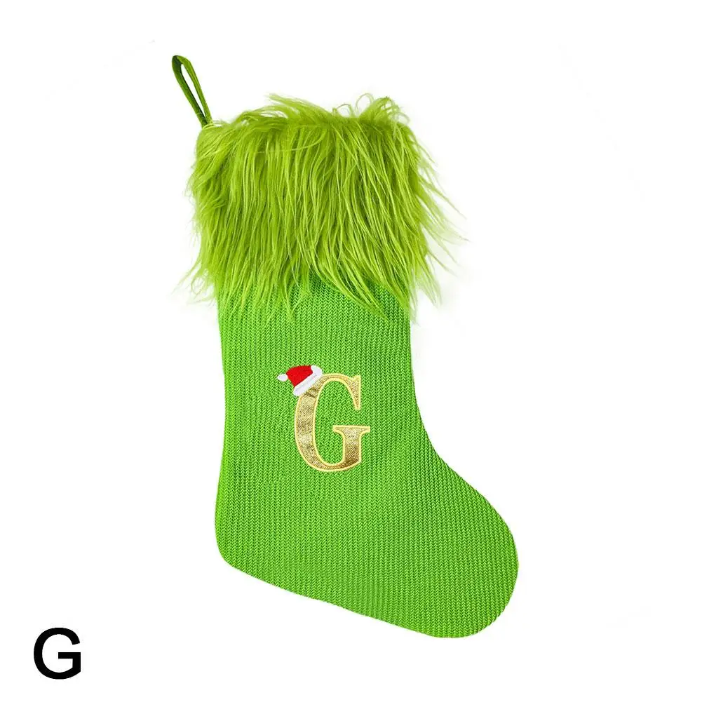 Ornement de chapeau de père Noël de lettres de A à Z, bord en peluche, broderie de cheminée verte, fête, maison, escalier, pendentif de Noël, K9O6