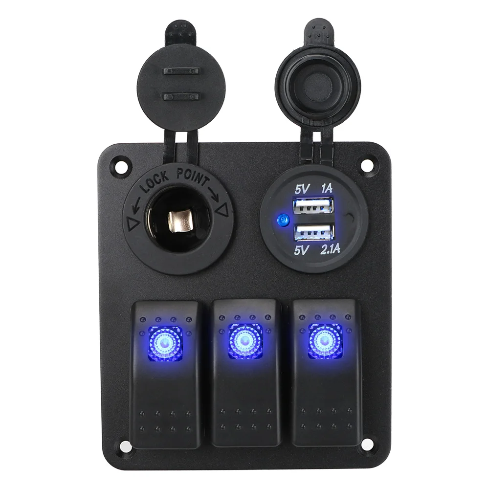 12~24V Circuit Control Blue LED Boat Car Switch Panel 2/3 Gang Digital Voltmeter Dual USB Port Outlet Combination