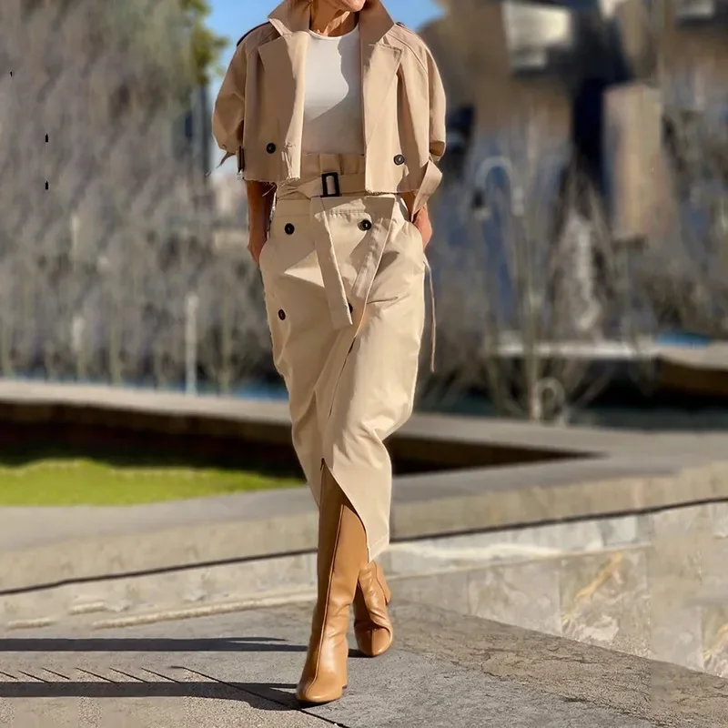 Office Two-Piece Casual Cargo Temperament Button Belt Dress Set Women Stand Collar Short Jacket Tops and High-waisted Slit Skirt