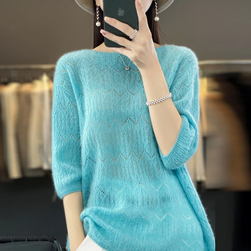 Autumn/winter new cashmere sweater women's sweater 100% Merino wool fashion low neckline hollowed-out micro-permeable temperamen