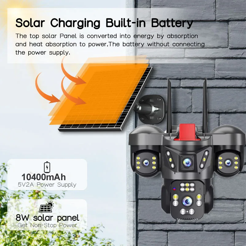 6MP UHD V380Pro APP Triple Lens Solar Power Wireless PTZ IP Dome Camera Full Color AI Humanoid Detection Home Security Monitor