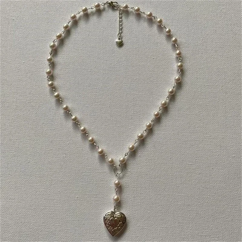 Y2K Handmade Fairy Core Love Locket Faux Pearl rosary Necklace,With Small Box Pendant and Heart Charms