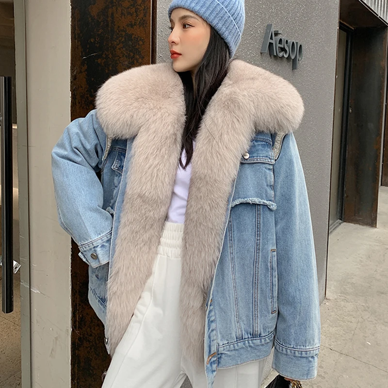 Denim Jacket Women's Winter New Korean Short Casual Fox Fur Collar Down Parka Single-Breasted Real Fur Coat Removable Inner