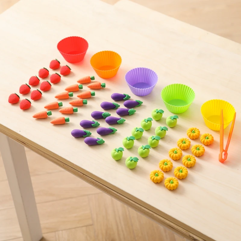 Baby Montessori Toys Fine Motor Skills Learning Counting Rainbow Color Pompoms Silicone Vegetable Sorting Games Sensory Toys