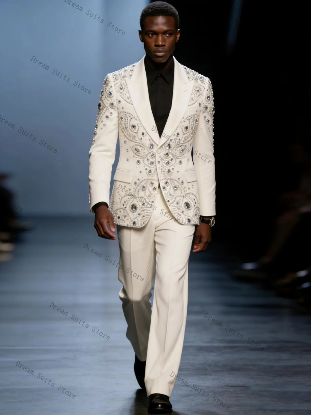 Luxury Crystals Men Suit Set 2 Pcs Blazer+Pants Trousers Customized Spring White Formal Office Jacket Wedding Tuxedos Prom Coat