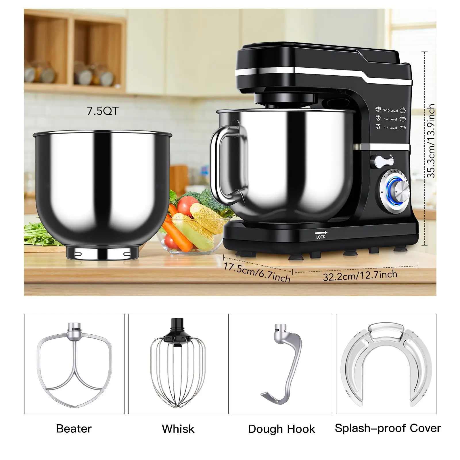 7.5 Qt Stand Food Mixer for Home Cooks, 660W Tilt-Head Electric Kitchen Mixer with 10 Speeds, Stainless Steel Bowl &