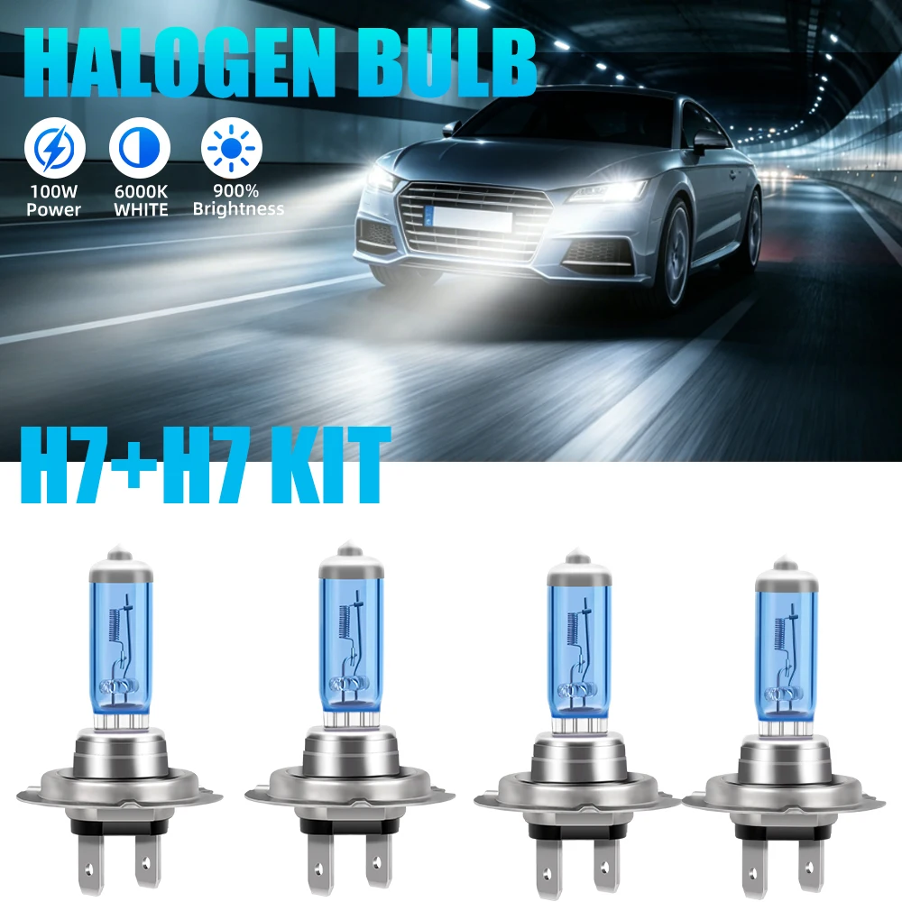 Car Halogen H7 Headlight Bulb Canbus Cool Blue Hyper Headlight Hi/Lo Beam 6000K White 12V 100W +900% Bright Bulb 2/4 PCS