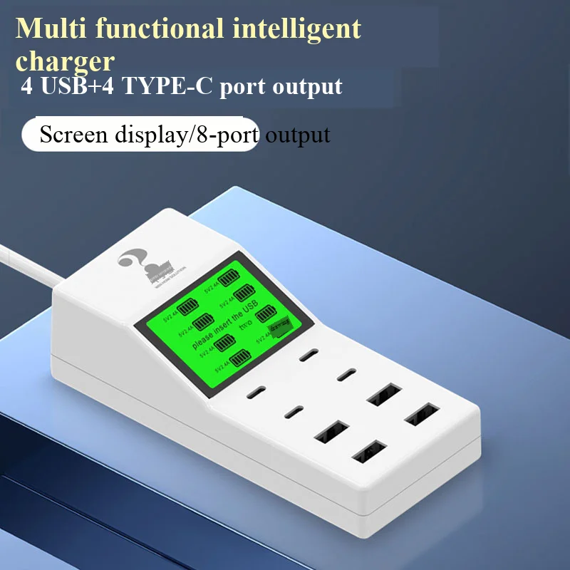 8 Port Smart USB TYP-C  Charger Hub with LCD 40W Multi-Port USB Charging Station USB Wall Travel Charger