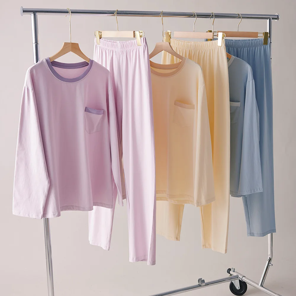 

Women's Cotton Pajamas Set 2026 Spring Summer Sleeve Long Pants Skin-friendly Set Casual Simple Color Block Pocket Homewear