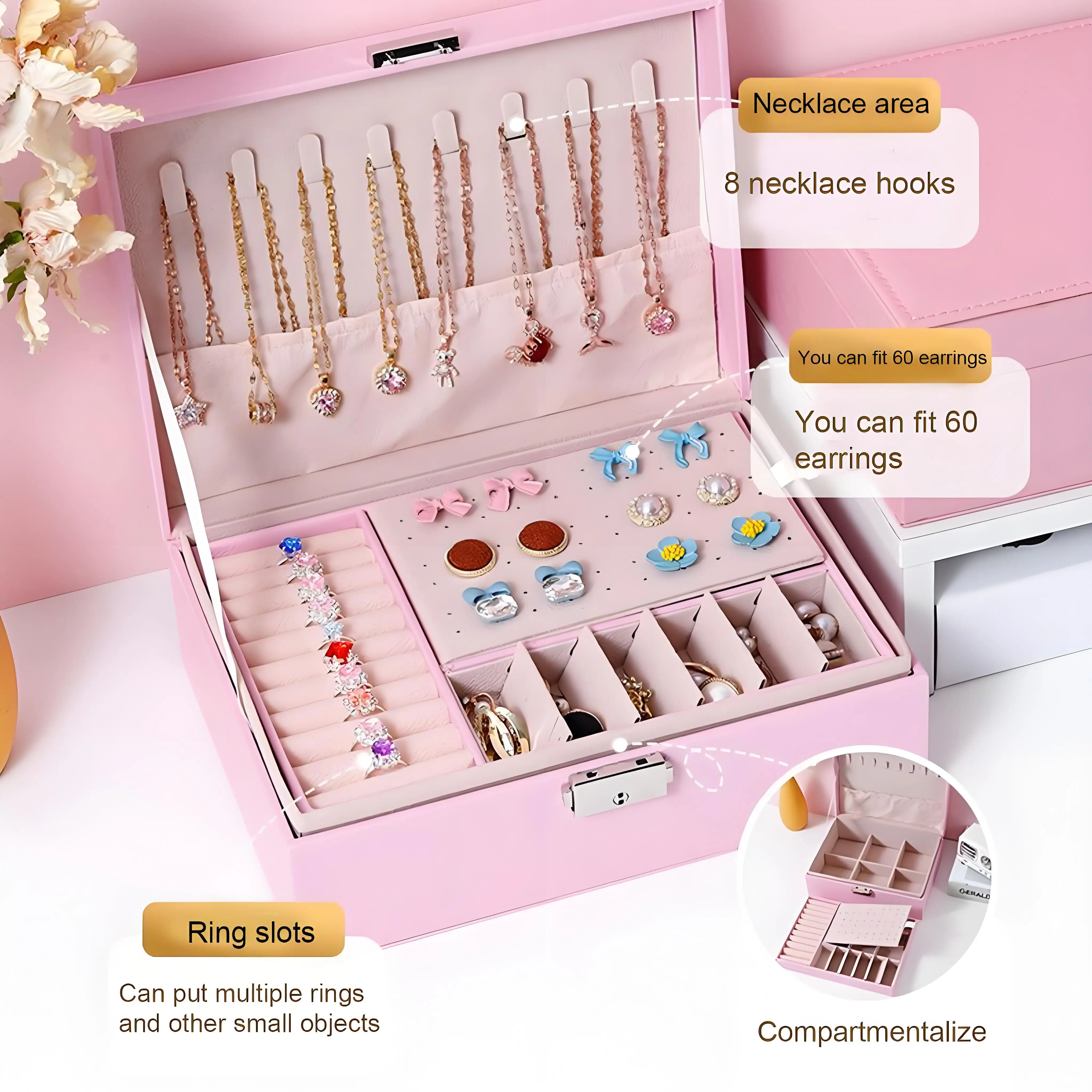 صندوق مجوهرات وحدات - منظم زينة من الجلد النباتي ✔ صواني FSC المعتمدة والطبقات (عرض حلقة/قلادة قابلة للفصل) #3