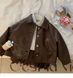 Korean Style Autumn Baby Girls Coats PU Leather Brown Jackets Shirts Single Breastede Cardigans New Arrival Kids Outwears