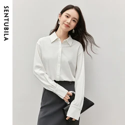 SENTUBILA Solid Satin Shirt for Women 2024 Autumn Straight Turn Down Collar Single Breasted Commute Blouse Ladies 143C55924