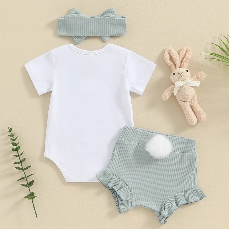 Baby Girl Easter Outfits Letter Rabbit Print Short Sleeve Rompers Bobbles Shorts Headband 3Pcs Summer Clothes Set