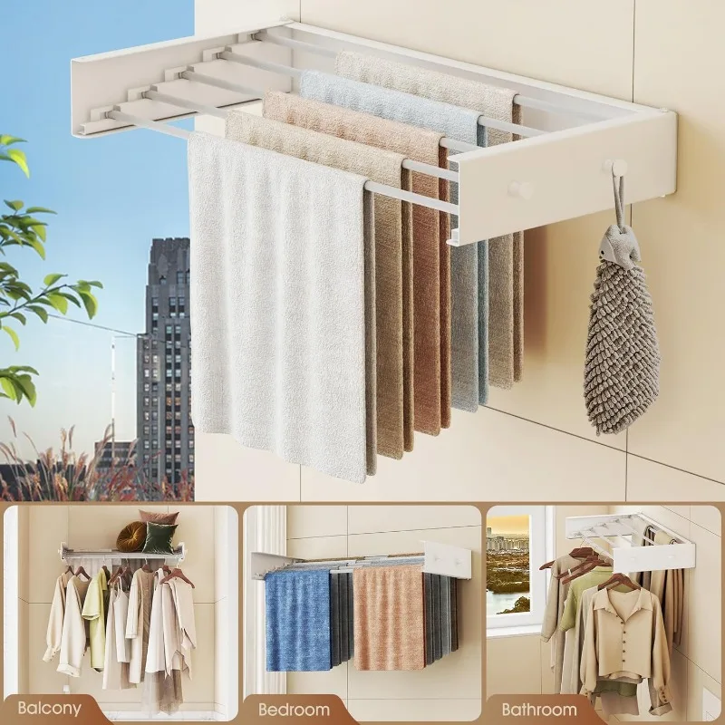 Drying Rack Clothing Upgrade,Clothes  Wall Mount,Foldable,Collapsible,Retractable,5 Aluminium Poles,with Hooks,White