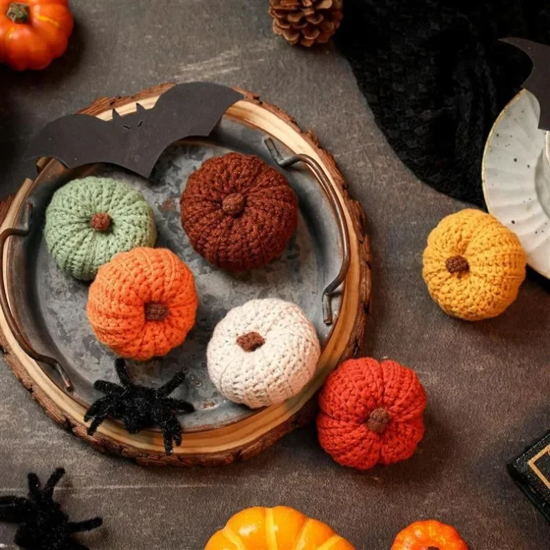 1Pc Hand-knitted Simulated Pumpkin Halloween Party Decoration Ornament Wool Cute Pumpkin Props Home Decor Figurines Gifts Crafts