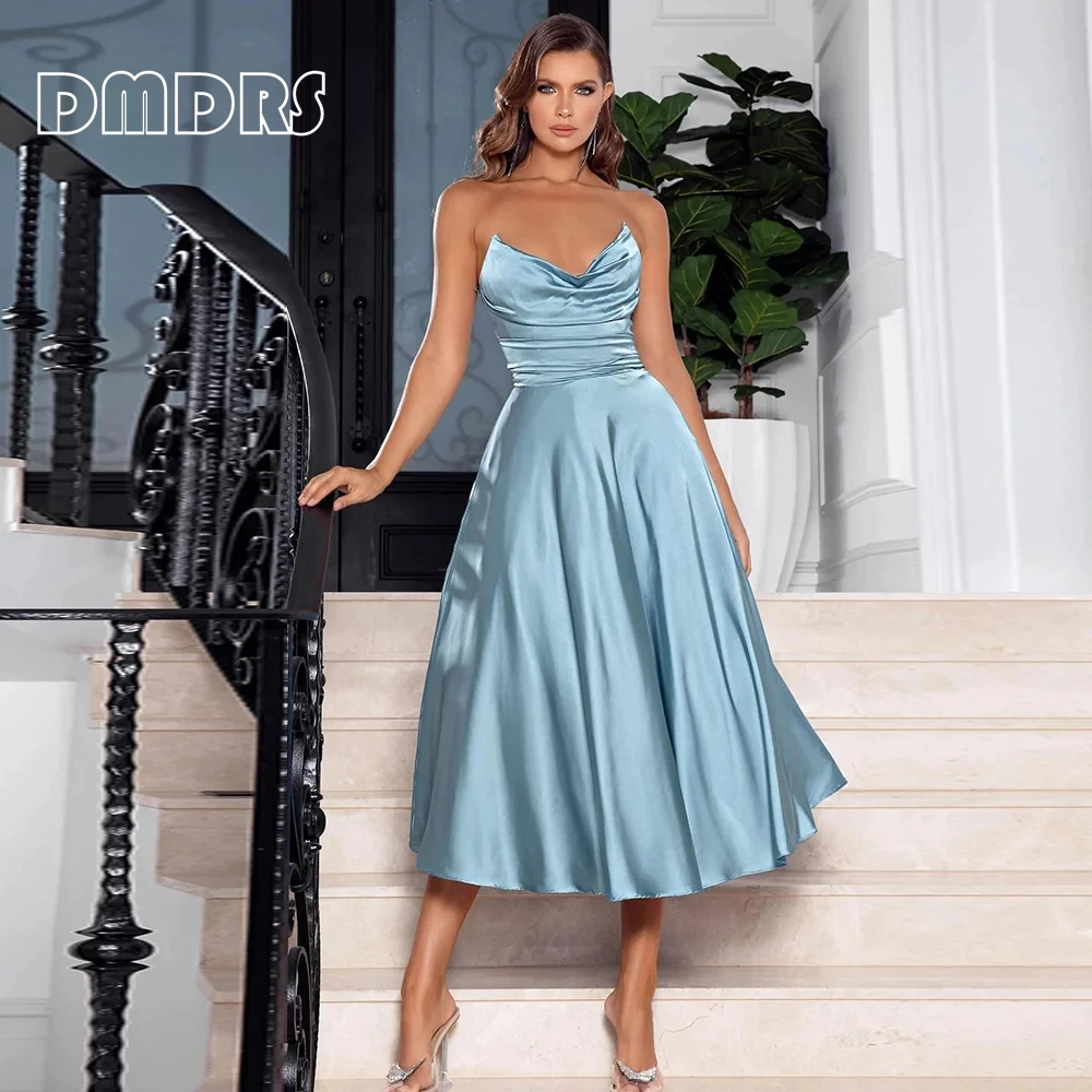 Soft Satin Solid Women's Formal Dress Strapless Tea-length Prom Gown For Party Bridesmaid Dresses vestidos de gala