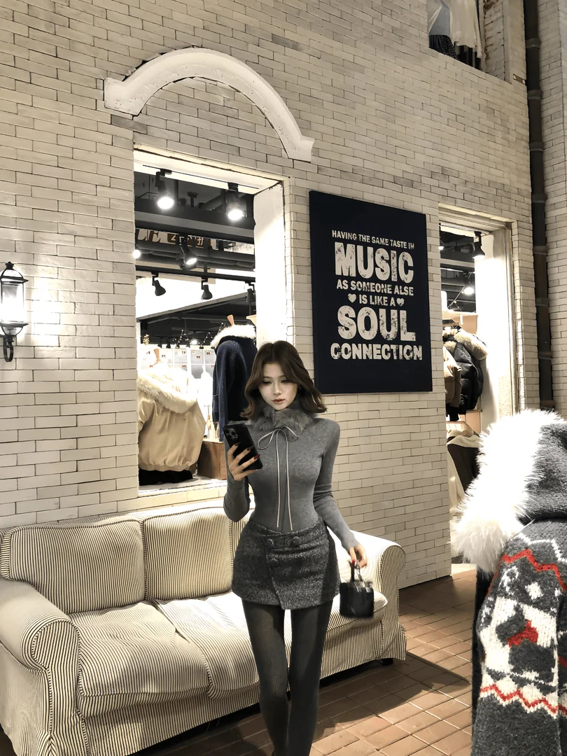 

Korean Sle Pure Desire Women's Slim Fit Two-Piece Set Winter Faion High Waist A-Line Skirt Long Sve Knitted Top