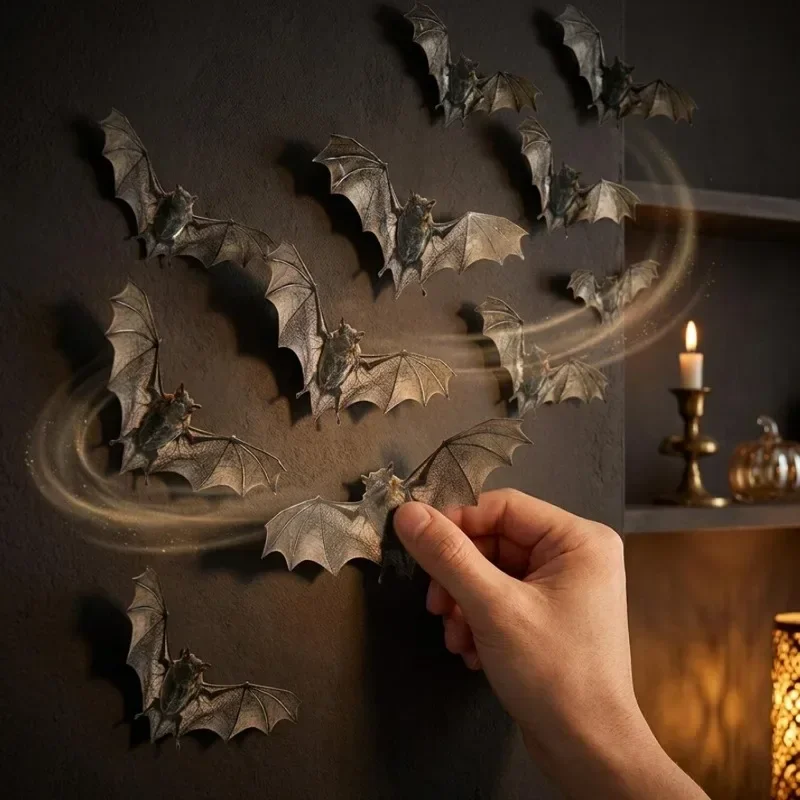 12/36er-Pack 3D-Wandsticker mit fliegenden Fledermäusen, realistische PVC-Halloween-Dekorationen, gruselige Fledermäuse für Fenster, Türen, Zuhause, Partys, gruselige Dekoartikel – Detail 3