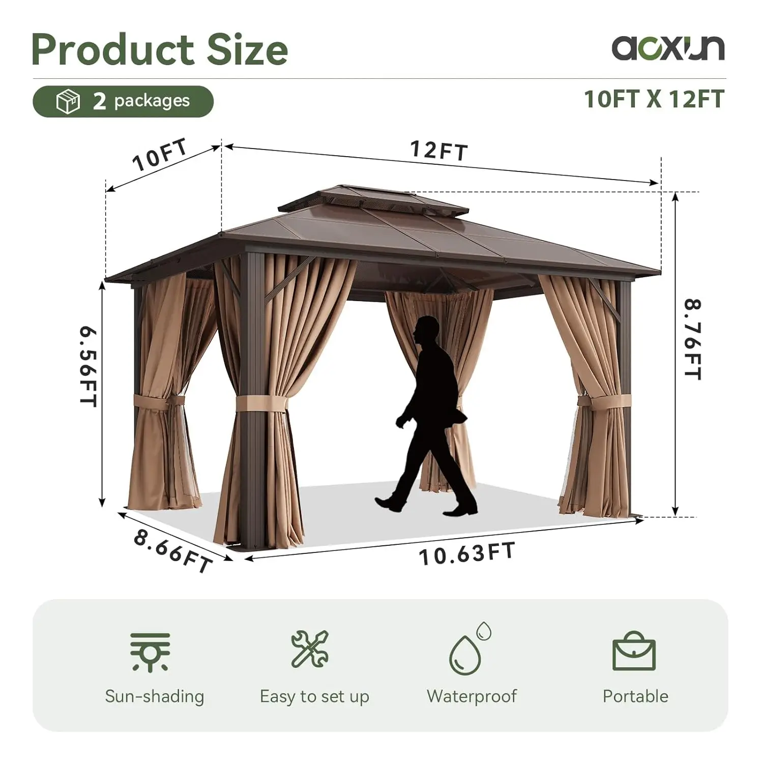 

Customized Hardtop Gazebo, Aluminum Frame Outdoor Pavilion with Curtains, Netting & Polycarbonate Double Top