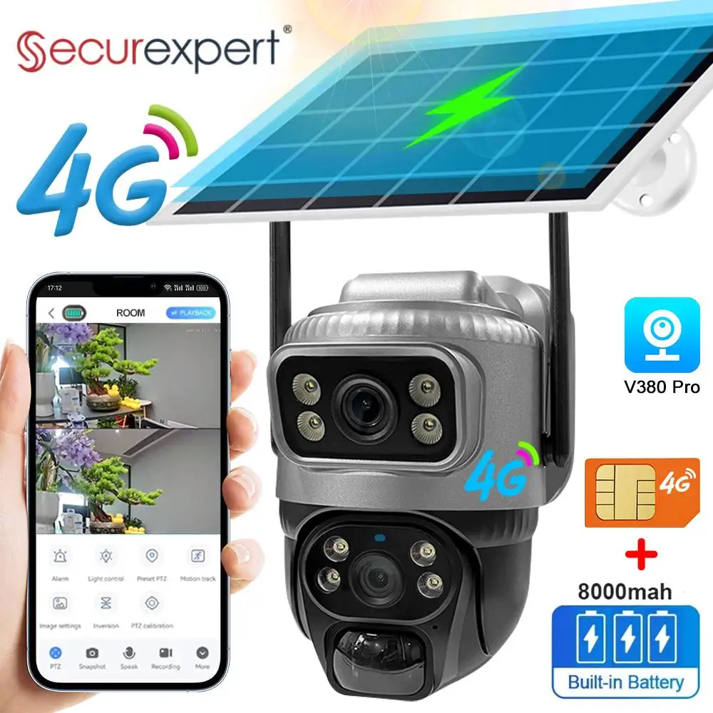 

8MP 4K Dual Lens 4G Solar Camera PIR Night Vision Human Detection Waterproof Security Video IP Camara Battery CCTV Monitor V380