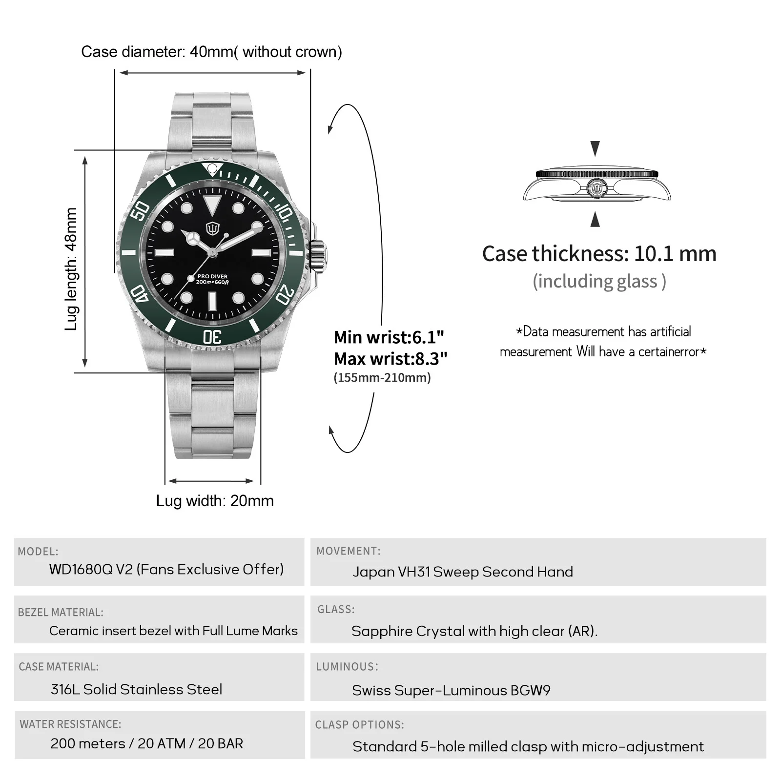 Watchdives WD1680Q V2 40Mm Quartz Watch VH31 Sweep Seconds Full Luminous Ceramic Bezel Sapphire 200M Waterproof Men Wristwatch