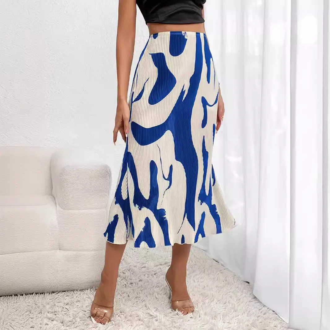Summer New Women Printed Skirt Elegant Geometric Red Blue Dark Gray Retro Half Skirt Fashion Slim High Waist Beach Skirt