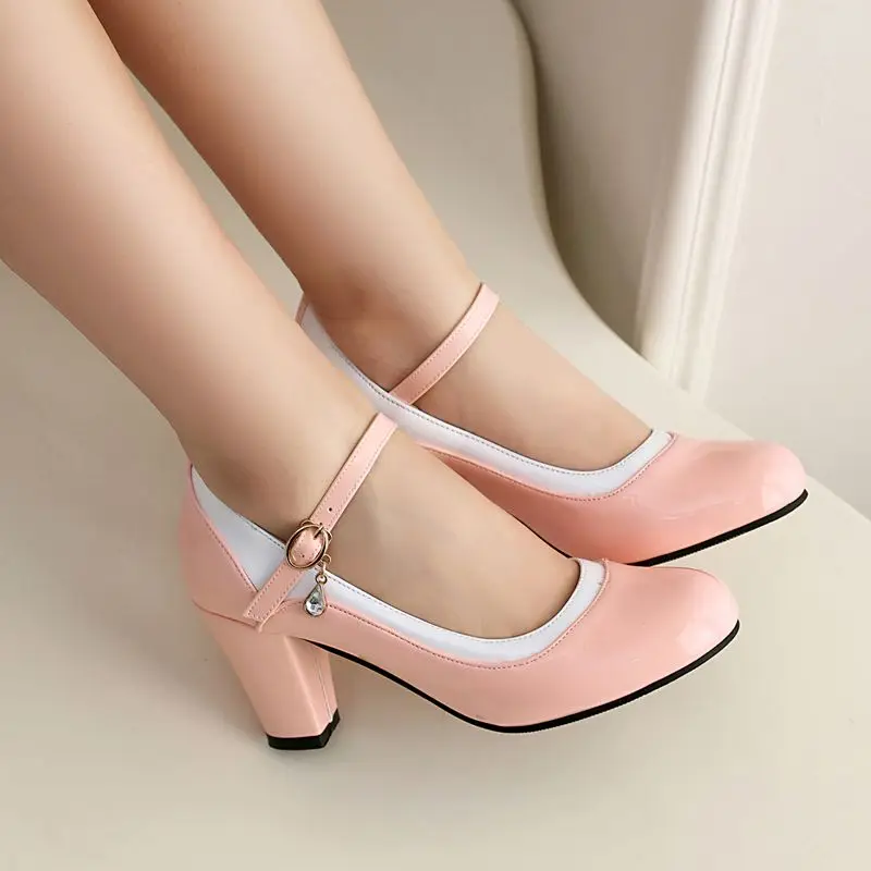 

SIMLOVEYO Office Lady Pumps Buckle Strap Sweet Big Sizes 45-47 Round Toe 7.5cm Block Heels Mixed Colors White Pink Black Casual