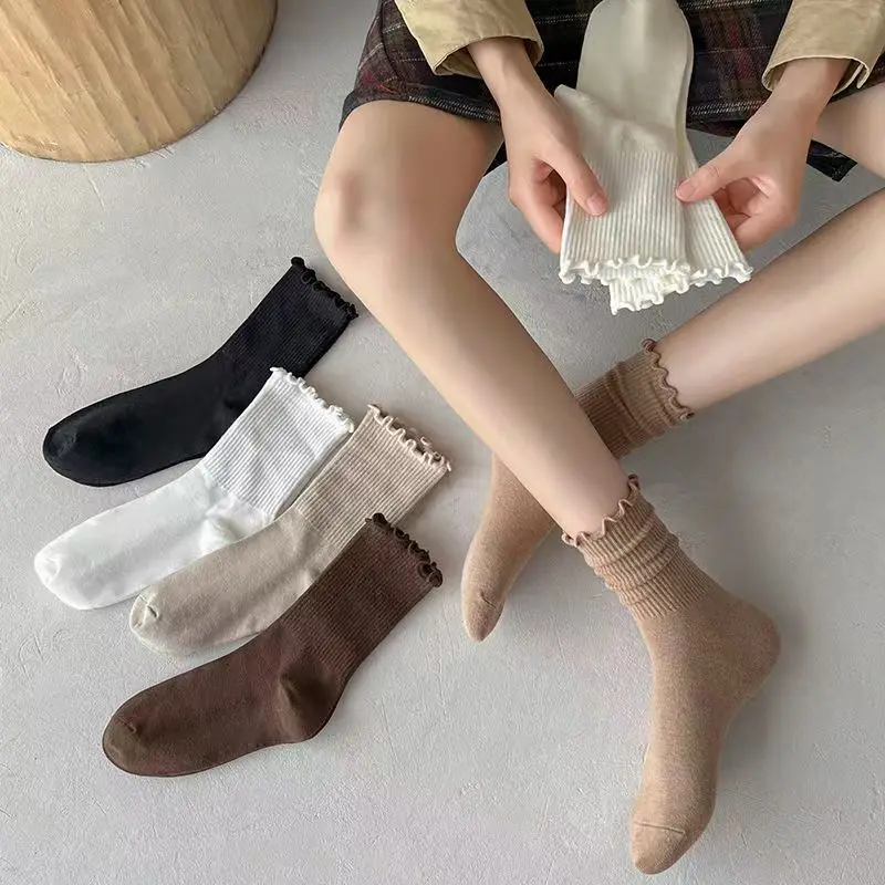 3/6 Pairs Women Stacked Socks Autumn Solid Ruffle Sweet Girl Socks Korean Style Stripe Middle Tube Socks Female Soft Knit Socks