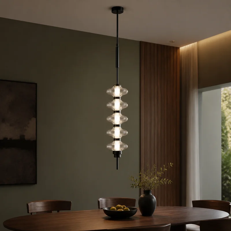 Modern Sculptural Glass Ribbed Disc Column Designer Suspension For Dining Room Bedroom Study Living Room Hallway Pendant Lamp