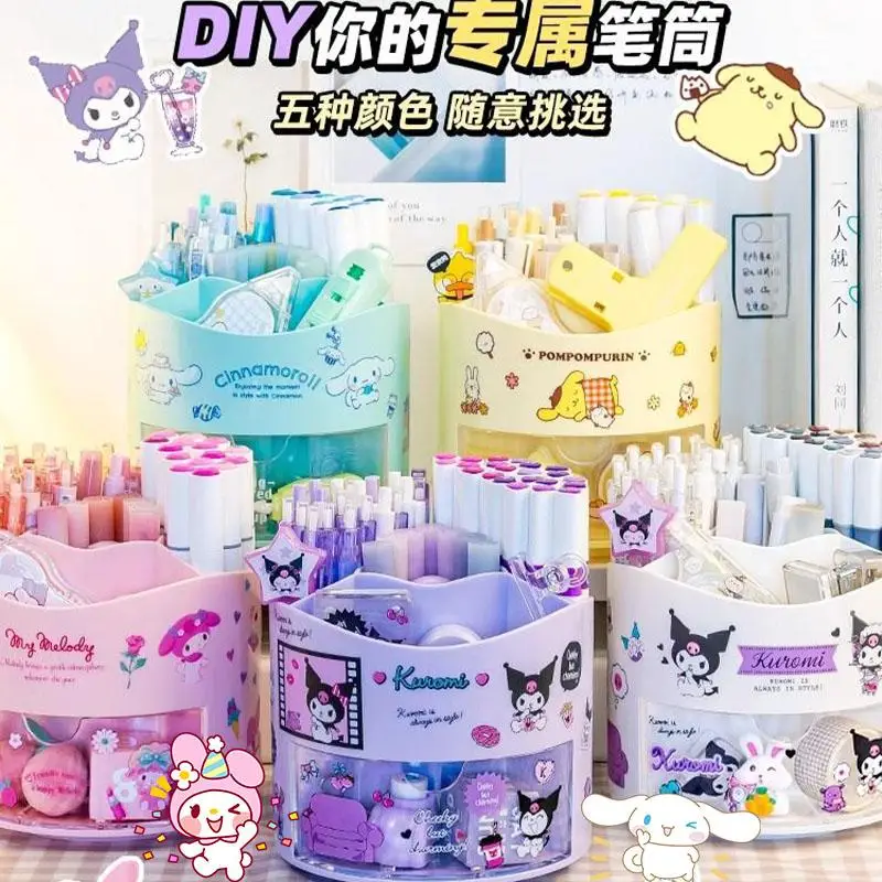 

Sanrios Kuromi Rotating Pen Holder Desktop Drawer Stationery Box Case Cute Cinnamoroll Stationery Storage Box Organizer Stickers