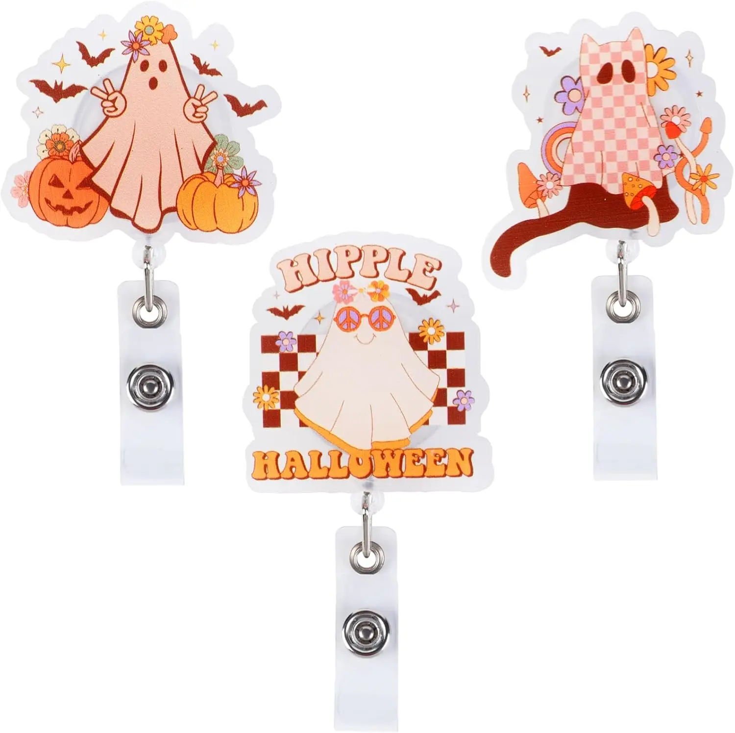 Kreatwow 3 Pcs Halloween Badge Reel with Retractable Cord Retro Groovy ID Tag Card Holder Clip Accessories for Office Workers