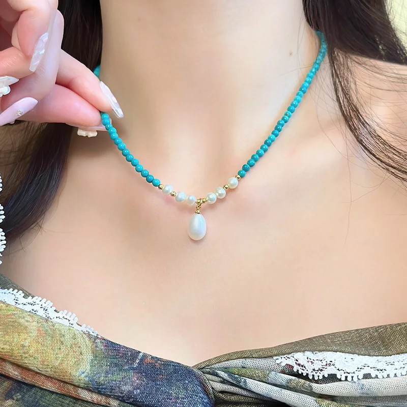 Vintage Necklace with Natural Freshwater Pearl Turquoise Beaded Locking Collar Women's Jewelry Summer Bikinis Accessories Choker