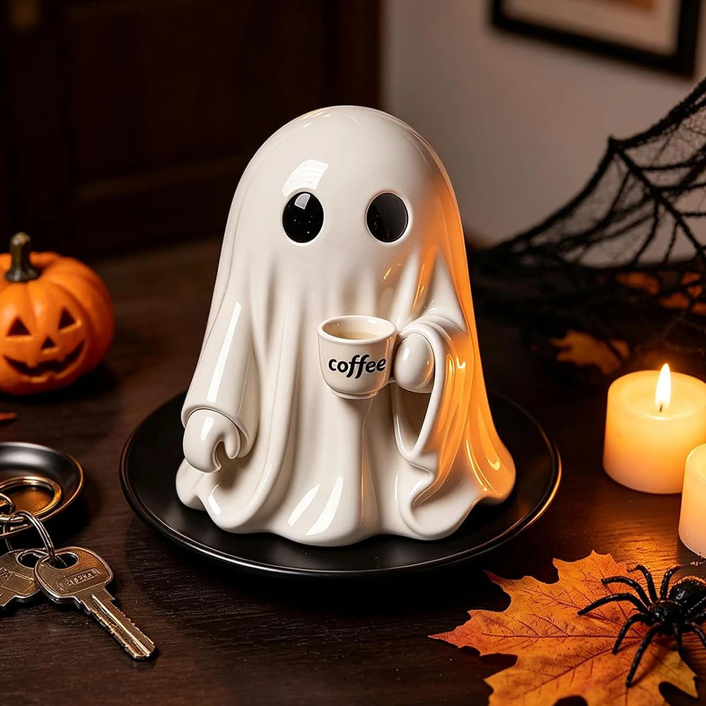 Cute Coffee Holding Ghost Figurine Glossy Ceramic Halloween Statue Ornament Spooky Whimsical Tabletop Display Home Decor Accent