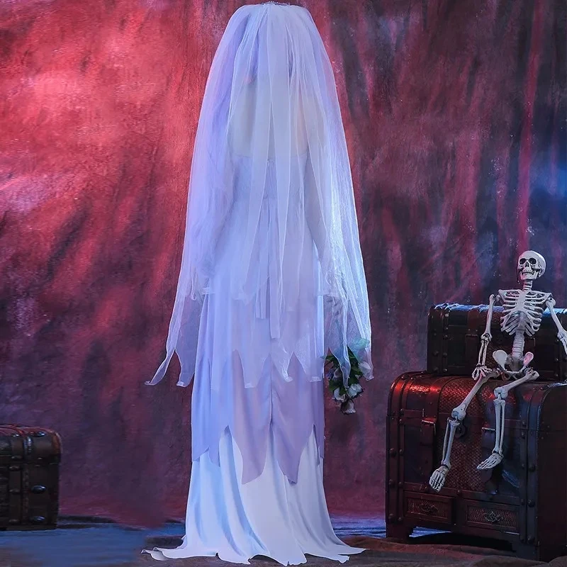 Ghost Bride Costume for Halloween Women Corpse Masquerade Zombie Bride Cosplay Fancy Dress with Veil Scary Gothic Easter Clothes - view 5