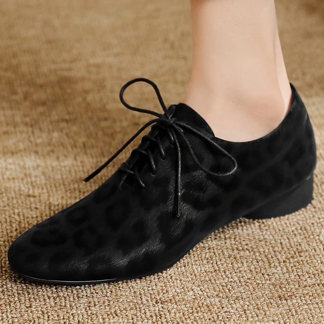 Women\'s leopard cow leather lace-up flats oxfords high quality soft comfortable female four season casual shoes for woman 2025
