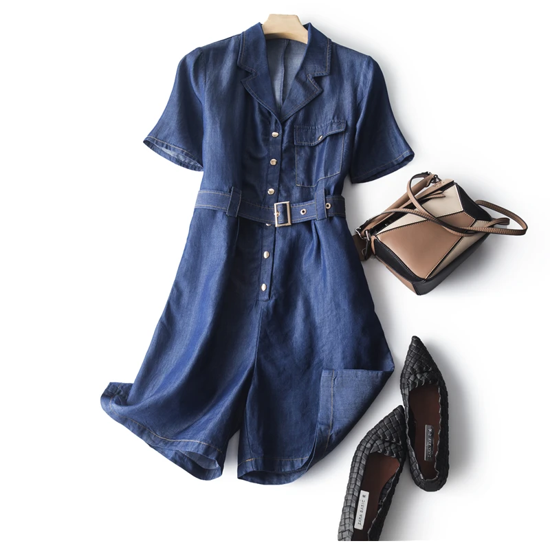 Novedad de verano, pantalones de ort con cinturón de cintura Retro de Hong Kong Sle para mujer, mono de Lyocell fino adelgazante de cintura alta y azul profundo