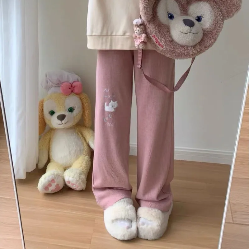 

Pink Japanese Anime Wide Leg Trousers Y2k Sweet Kawaii Cartoon Cat Embroidery Women Preppy Style Casual Pants High Waist