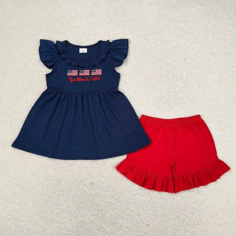 

GSSO0805 New RTS Embroidery Clothing 4th of July Flag Navy Blue Fly Sleeve Ruffle Red Shorts Sets Bulk Baby Girl Summer Clothes