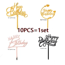 10szt New Gold Happy Birthday Cake Topper Gold Black Acrylic Kids Birthday Party Cake Topper Dessert Decoration Baby Shower Gift