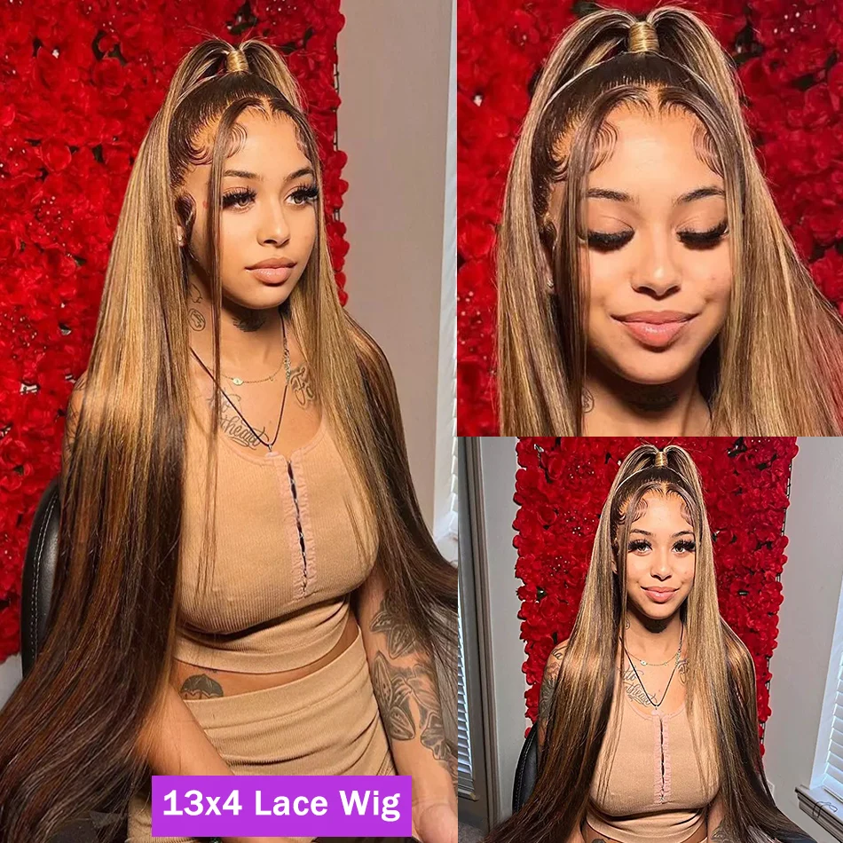 Osso Straight Lace Frontal Wig, destaque peruca, cabelo humano, colorido, pré arrancado, 13x6, 30 ", 40", 200