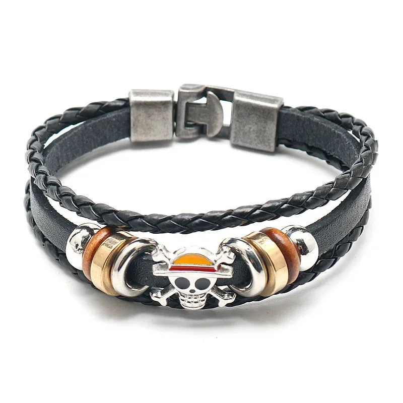 Novo anime uma peça pirata pulseira dos desenhos animados boneca de ação lufei chapéu de palha punk preto couro tecido pulseira brinquedo presente aniversário