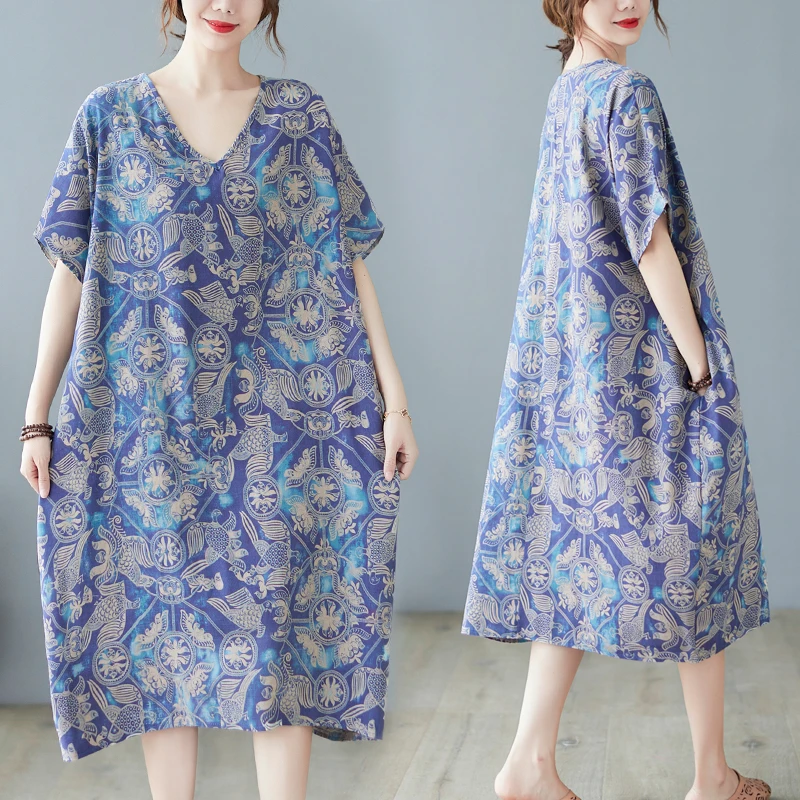 

Retro Ethnic Sle Linen Midi Dr Summer plus Size Women's Cotton Linen Artistic V-ne Dr Ele A-line Skirt