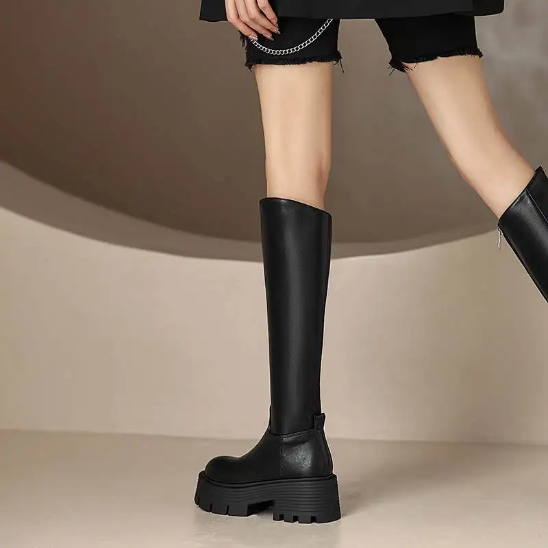 out of stock Cow Leather Round Toe Thick High Heels Winter Keep Warm Equestrian Boots Platform Zipper Non-slip Thigh High Boots