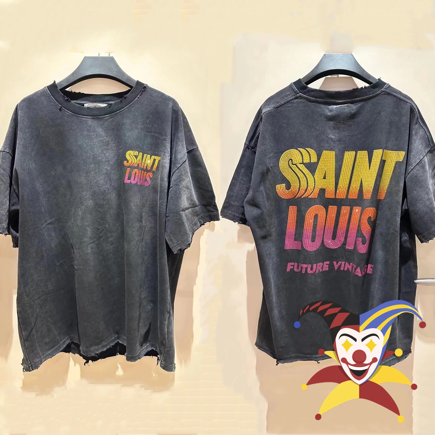 Washed Saint Louis Sunset Crystal T-Shirt Men Women Destroy Design Oversize Tee Casual Short Sleeve With Tag