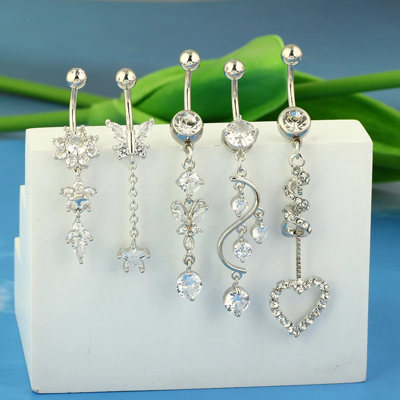 5PCS Cute Dangle Belly Ring Pack, 14G Navel Piercing Set